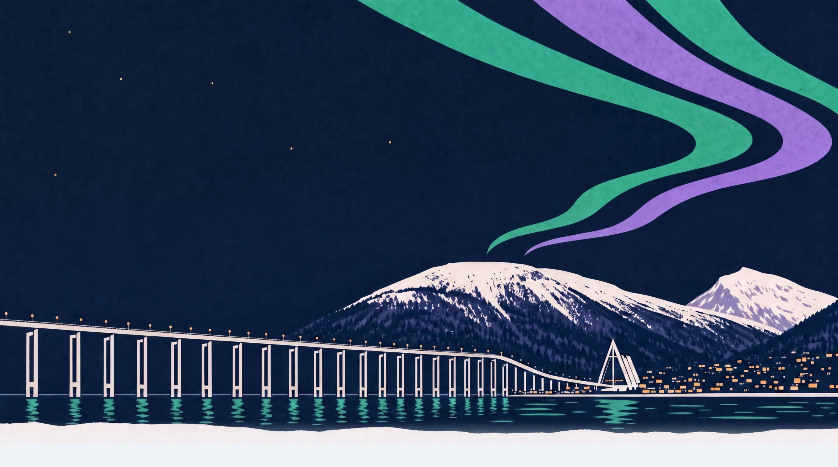 Flatt grafisk trykk av Tromsø i polarnatt: nordlys over Ishavskatedralen og byens lys langs fjorden.